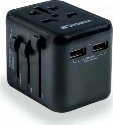 Adapter udhëtimi universal Verbatim UTA-01, 2x USB-A, 100-250V, 180+ shtete, i zi