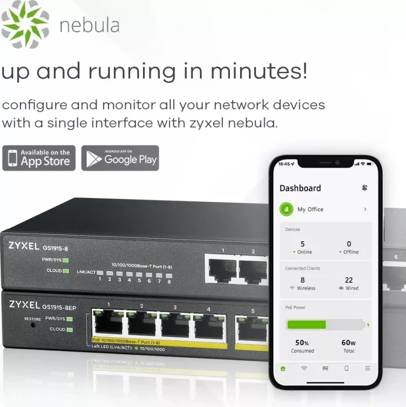 Switch Zyxel GS1915-8EP, i menaxhuar, L2, Gigabit Ethernet, PoE