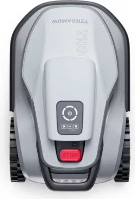 Robot kositës bari TERRAMOW V1000, 1200 m², AI TerraVision 2.0 (3 kamera), Wi‑Fi/4G, IPX6, gri, set me stacion karikimi