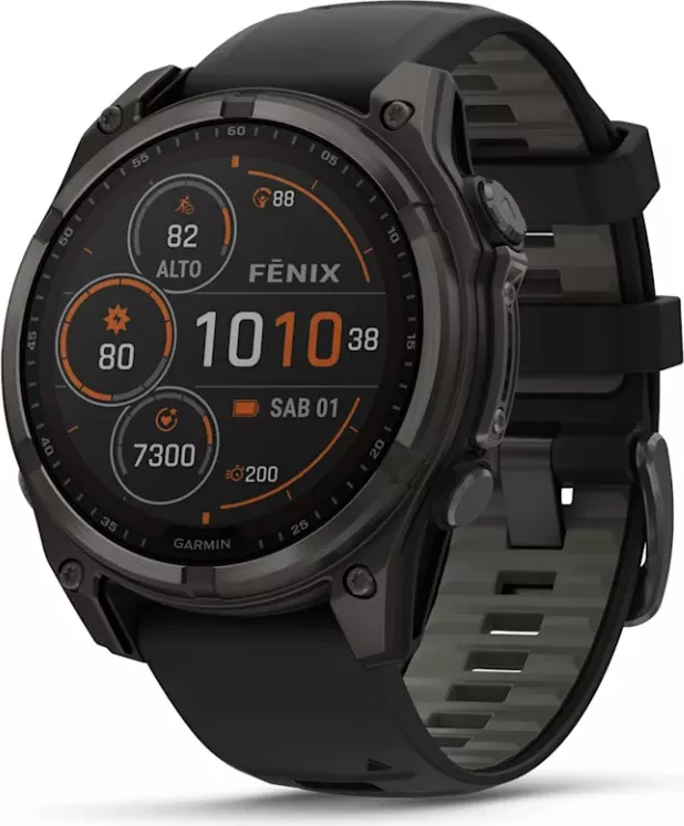 Smartwatch Garmin fēnix® 8 Solar, Sapphire, Carbon‑Gray DLC Titanium with Black/Pebble‑Gray Silicone Strap, 47 mm