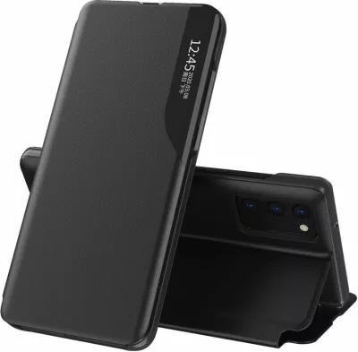 Mbështjellës Hurtel Eco Leather View Case për Samsung Galaxy A02s EU, me kapak dhe qëndrim, i zi