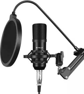 Mikrofon kondensator Puluz PU612B për studio, me filtër POP, i zi, set me aksesorë