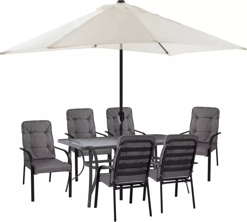 Set për darkë 8 pjesë, tavolinë, karrige me mbështetëse gri dhe ombrellë gri FH11477