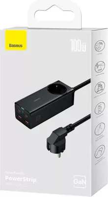 Kasë karikues Baseus GaN3 Pro, 100W, 2x USB-C + 2x USB, prizë AC, e zezë