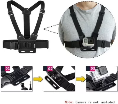 Mbajtës gjoksi për kamera sportive, Hurtel, 360° tripod rrotullues, qëndrim telefoni, i rregullueshëm, e zezë