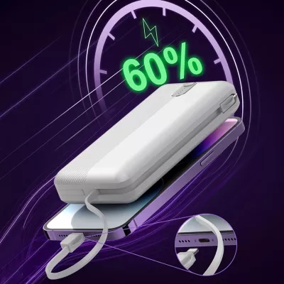 Power bank LDNIO PQ24 20000mAh 22.5W me 1x USB-A + kabllo të integruara USB-C/Lightning (1C1L), bardhë