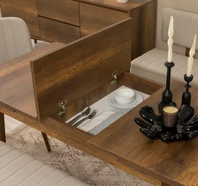 Set tavoline me karrige për ngrënie, zgjatues, 6 pjesë, Skye Decor, ngjyrë arre, krem