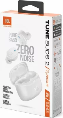 Kufje JBL Tune Buds 2 True Wireless, ANC adaptiv, Bluetooth 5.3, 48 orë bateri, IP54, e bardhë, me kuti karikimi