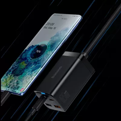 Karikues Baseus GaN3 Pro CCDK65E 65W 2x USB-C 2x USB-A me kabllo USB-C në USB-C 1m, i zi (CCGP040101)