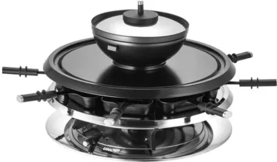 Grill raclette/fondue UNOLD Raclette Multi 4-in-1 48726, 8 persona, pllakë guri + pllakë grill, tenxhere fondue 500–700 ml, e zezë