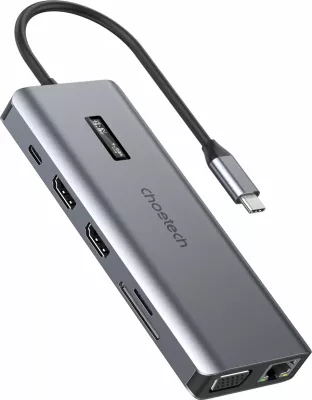 HUB multifunksional Choetech HUB-M26, 12-në-1, USB-C, HDMI, VGA, RJ45, Gri