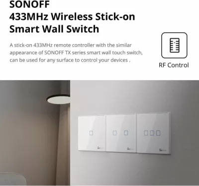 Ndërprerës smart muri SONOFF T2EU3C-RF, 433MHz RF, 3-tastësh, standard EU, i bardhë