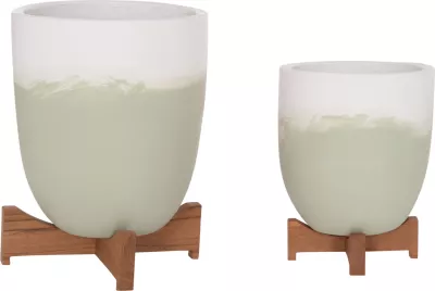 Set 2 copë vazo terrakote SEON FH4686.09, ngjyrë e bardhë dhe e gjelbër e çelët, me baza prej druri tik