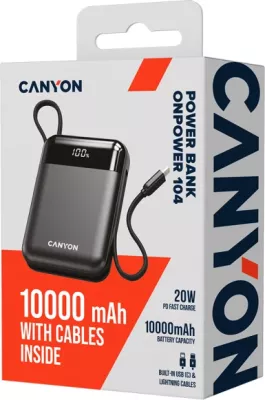 Power bank CANYON OnPower 104 10000mAh 22.5W me kabllo të integruara USB-C/Lightning, i zi
