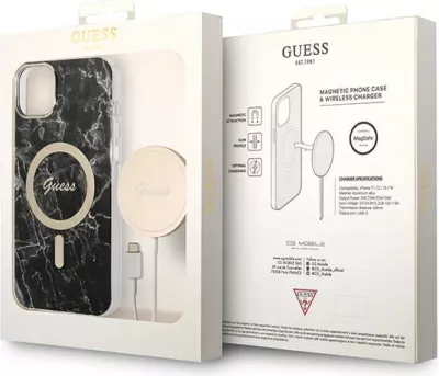 Mbështjellës Guess Marble Collection me MagSafe dhe karikues wireless për iPhone 14 Plus, 6.7", i zi, set