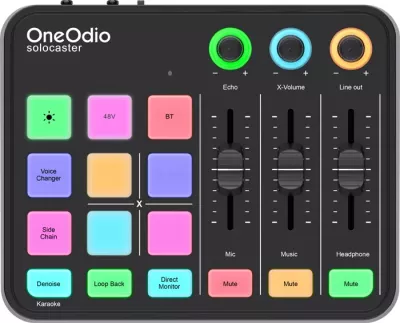Mikser audio me kartë zanore USB-C OneOdio Solocaster, 24-bit/48kHz, 48V phantom, RGB, e zezë, set