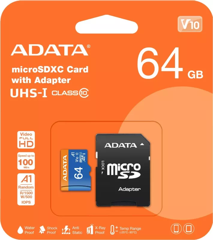 Kartelë memorie ADATA microSDHC 64GB, Class 10, UHS-I, me adapter, e zezë/kaltër