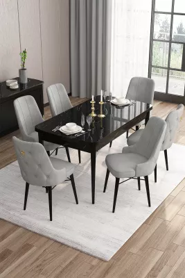 Tavolinë me karrige për ngrënie, zgjatshme, 7 copë, Skye Decor, mermer i zi, gri