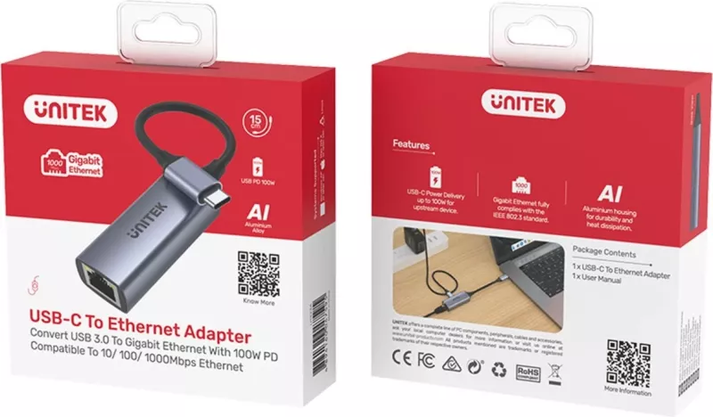 Adapter Unitek USB-C në RJ45 1Gbit LAN, PD 100W