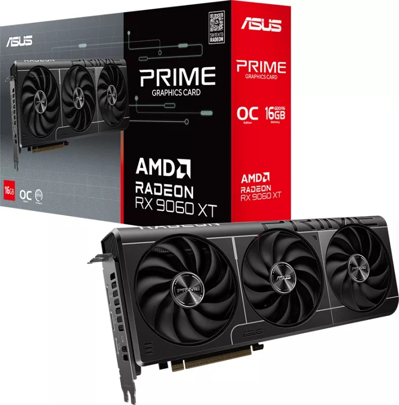 Kartë grafike ASUS Prime Radeon RX 9060 XT OC 16GB GDDR6 (PRIME-RX9060XT-O16G), PCIe 5.0, 1x HDMI 2.1b, 2x DisplayPort 2.1a, e zezë