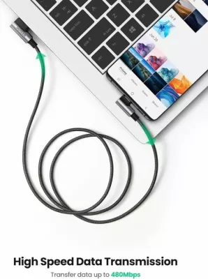 Kabllo USB-A në USB-C UGREEN 20857, 2m, 90° (right-angle), karikim i shpejtë 18W, 480Mbps, e thurur, e zezë