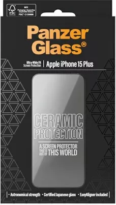 Mbrojtës ekrani qelq-keramik PanzerGlass për iPhone 15 Plus me kornizë pozicionimi