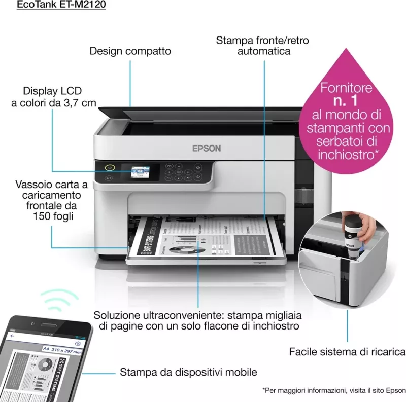 Printer Epson EcoTank M2120, Inkjet, Wi-Fi, Bardhë