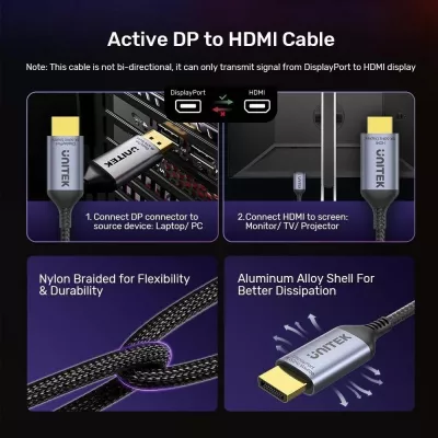 Kabllo UNITEK DisplayPort 1.4 në HDMI 2.1, 1.8M, E zezë