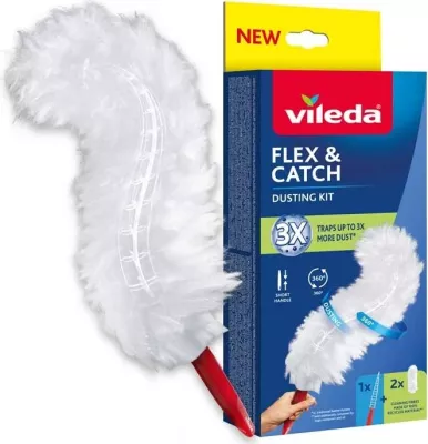 Set lopatë pluhuri Vileda Flex&Catch me dorezë të shkurtër dhe 2 mbushje rezervë, Bardhë