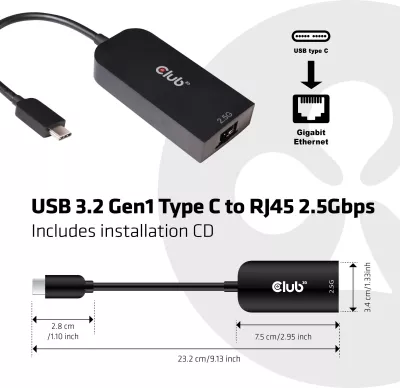Adapter Club3D USB-C në RJ45 2.5Gbps, i zi