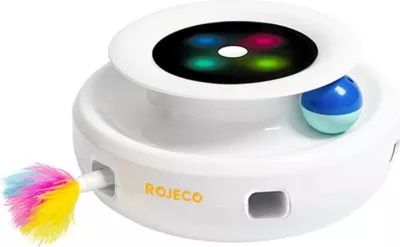 Lodër interaktive për mace Rojeco RWJ-10, 2-në-1, me pupla dhe topa, e bardhë
