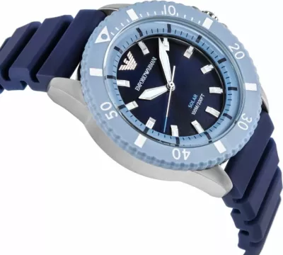 Orë dore për meshkuj Emporio Armani World Explorer Solar AR11785, blu e argjendtë, me kuti