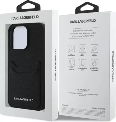 Mbështjellës Karl Lagerfeld HC Grained PU Cardslot Metal Elong për iPhone 16 Pro Max, e zezë
