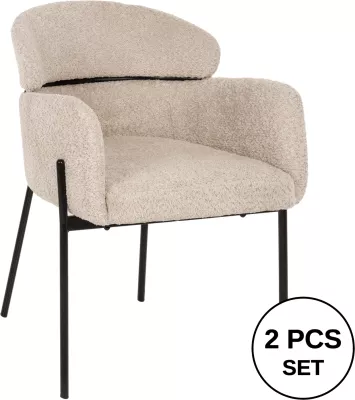 Karrige me krahë WOLF FH8583.02, pëlhurë boucle ecru, këmbë metali të zeza, 58x58x80H cm., set prej 2 copë