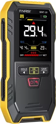 Matës lagështie pa-invaziv FNIRSI WMT-10, 0–75%, ekran 2.4" TFT, 4 moda, memorie 30 matje, bateri 1000 mAh USB‑C, zezë-verdhë
