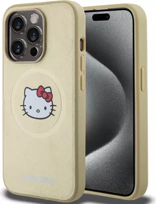 Mbështjellës Hello Kitty Leather Kitty Head MagSafe për iPhone 15 Pro Max, lëkurë artificiale, ari