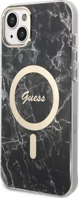 Mbështjellës Guess Marble Collection me MagSafe dhe karikues wireless për iPhone 14 Plus, 6.7", i zi, set