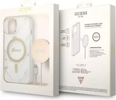 Set mbështjellës Guess Marble Collection me karikues wireless MagSafe për iPhone 14 6.1", Bardhë