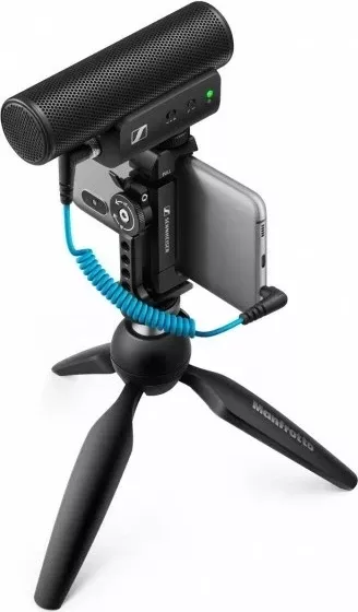Mikrofon Sennheiser MKE 400 Mobile Kit me tripod Manfrotto, superkardioid, Blu