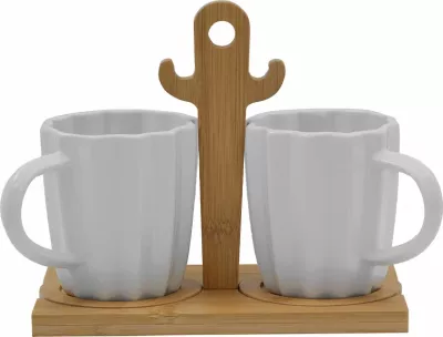 Set filxhanësh espresso Cactus, porcelan i bardhë, bambu natyral, 2 copë, 20x12x17cm