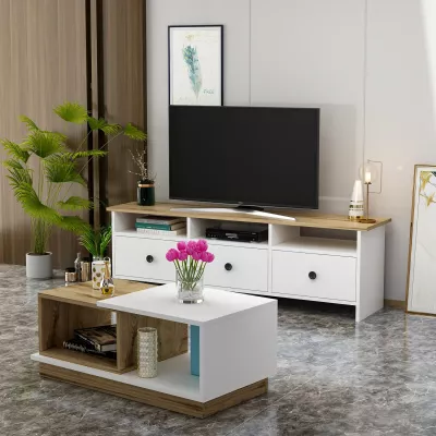 Set mobiljesh për dhomë dite, Skye Decor, Oslo, ngjyrë e bardhë dhe lis