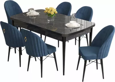 Set tavolinë me karrige për ngrënie, zgjatës, Skye Decor, rozë - mermer i zi, blu e errët (7 copë)