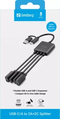 Splitter USB Sandberg 136-81, USB-C/USB-A në 2x USB-A + 2x USB-C, 13 cm, e zezë