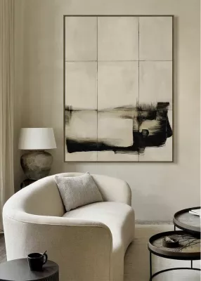 Pikturë dekorative abstrakte me kornizë, bezhë e zezë, 90x120x4 cm