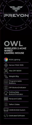 Maus gaming PREYON Owl Wireless POW35B, 16000 DPI, 2.4GHz/USB, RGB, i zi