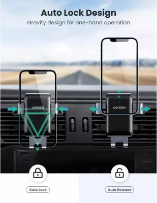 Mbajtës celulari për veturë UGREEN Gravity 30401, montim në grila ajrimi, 4.7-7\", rrotullim 360°, i zi