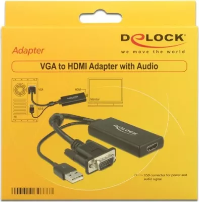 Adapter VGA në HDMI DeLOCK 0.25m, USB2.0, Full HD, e zezë