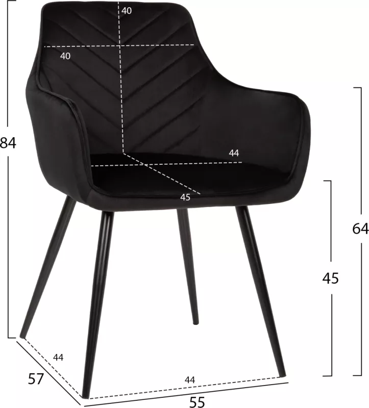 Karrige Latrell, kadife e zezë, këmbë metali të zeza, 55x57x84H cm., set prej 2 copë