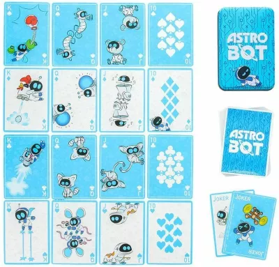Komplet letra loje Paladone Astro Bot, 52 letra + 2 joker, kuti metalike koleksionuese