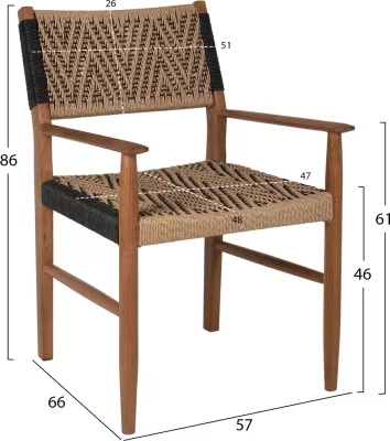 Karrige me krahë për ngrënie, dru teak, litar sintetik, 57x66x86H cm, FH9383.01